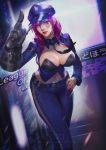  1girl belt breasts cleavage hair_between_eyes hat large_breasts league_of_legends lens_flare lipstick makeup mechanical_arm medium_hair navel necktie officer_vi pink_eyes pink_hair pink_nails police police_hat police_uniform policewoman red_lipstick scenery screen solo translation_request uniform vi_(league_of_legends) weibo_username xixi_(pixiv11480549) 