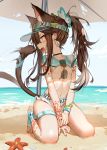 1girl :d absurdres afterimage animal_ears beach beach_umbrella between_legs bikini bikini_bottom blue_eyes breasts brown_hair cat_ears cat_girl cat_tail choker extra_ears eyewear_hang eyewear_removed fang hair_ornament highres kentllaall long_hair looking_to_the_side motion_lines navel ocean open_mouth original outdoors ponytail profile shrug_(clothing) sidelocks sitting skindentation small_breasts smile solo starfish stomach sunglasses swimsuit tail tail_wagging tattoo thigh_strap thighs toeless_legwear toenail_polish umbrella visor_cap watch water white_bikini wristwatch 