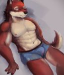  4_fingers anthro boxer_briefs bulge canid canine canis clothing cloudcat digital_media_(artwork) digital_painting_(artwork) echo_(game) echo_project fingers fur hi_res leo_(echo) looking_at_viewer male mammal multicolored_body multicolored_fur muscular muscular_male navel nipples red_body red_fur simple_background solo underwear underwear_only video_games visual_novel wolf yellow_eyes 