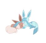  ^_^ charamells closed_eyes closed_mouth commentary creature eevee english_commentary facing_another full_body gen_1_pokemon gen_4_pokemon glaceon happy lying no_humans on_stomach pokemon pokemon_(creature) simple_background smile white_background 