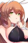  10eki_(tenchou) 1girl :o animal_ears bangs bare_shoulders black_leotard blush breasts brown_hair bunny_ears bunnysuit commentary_request detached_collar eyebrows_visible_through_hair girls_frontline green_eyes hair_rings hand_on_own_chin high_ponytail highres large_breasts leotard long_hair looking_at_viewer m1903_springfield_(girls_frontline) open_mouth parted_lips solo strap_pull sweat wrist_cuffs 