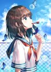  1girl blue_eyes brown_hair bubble bubble_blowing bug butterfly chain-link_fence cloud crop_top day fence flat_chest hand_up highres insect looking_up medium_hair mouth_hold neckerchief original outdoors ruda_(ruda_e) sailor_collar school_uniform serafuku shirt shirt_overhang short_sleeves solo sunlight upper_body white_shirt 