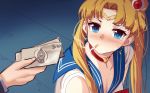  1girl bangs bishoujo_senshi_sailor_moon blonde_hair blue_eyes blue_sailor_collar breasts choker cigarette circlet cleavage collarbone commentary_request crescent crescent_earrings earrings hair_ornament hair_over_shoulder heart heart_choker highres holding_money implied_prostitution jewelry long_hair money parted_bangs red_choker sailor_collar sailor_moon_redraw_challenge smoking solo_focus twintails upper_body zen_o 