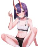  1girl bangs bare_shoulders black_shorts blush bob_cut bra breasts closed_mouth collarbone eyeliner fang fate/grand_order fate_(series) gadeung_hye highres horns knees_up looking_at_viewer makeup navel oni oni_horns pointy_ears purple_eyes purple_hair short_eyebrows short_hair short_shorts shorts shuten_douji_(fate/grand_order) simple_background skin-covered_horns small_breasts smile sports_bra thighs underwear white_background white_bra 