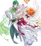  1boy 1girl alternate_costume bird bouquet bow cape crossed_arms dress feathered_wings feathers fire_emblem fire_emblem:_radiant_dawn fire_emblem_heroes flower full_body gloves green_hair grey_hair highres leaf long_hair micaiah_(fire_emblem) official_art one_eye_closed open_mouth sothe_(fire_emblem) teffish torn_clothes transparent_background veil wings yellow_eyes yune_(fire_emblem) 