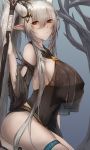  1girl arknights bangs bare_shoulders blue_background breasts brown_eyes commentary detached_sleeves hair_between_eyes highres holding holding_staff horns huge_breasts long_hair long_ponytail long_sleeves looking_at_viewer ponytail shining_(arknights) silver_hair solo staff thigh_strap thighs uchisukui very_long_hair 