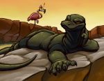  ! ambiguous_gender avian bird claws feathers feral flamingo green_body green_scales khass khass_(character) komodo_dragon lizard lounging lying monitor_lizard on_front orange_eyes pink_body pink_feathers reptile scales scalie solo yellow_eyes 