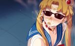  1girl bangs bishoujo_senshi_sailor_moon blonde_hair blue_sailor_collar breasts choker cigarette circlet cleavage collarbone commentary_request crescent crescent_earrings earrings hair_ornament hair_over_shoulder heart heart_choker highres jewelry long_hair parted_bangs red_choker sailor_collar sailor_moon_redraw_challenge smoking solo sunglasses twintails upper_body zen_o 