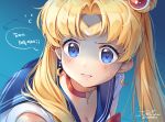  1girl artist_name bangs bishoujo_senshi_sailor_moon blonde_hair blue_eyes blue_sailor_collar blush breasts choker circlet cleavage commentary_request crescent crescent_earrings dated earrings hair_ornament hair_over_shoulder heart heart_choker ika_(4801055) jewelry long_hair parted_bangs parted_lips red_choker sailor_collar sailor_moon sailor_moon_redraw_challenge shaded_face solo teeth translation_request tsukino_usagi twintails twitter_username upper_body 
