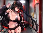  1girl absurdres azur_lane bangs bare_shoulders black_hair black_jacket black_legwear black_shorts blush breasts chickenvomit cleavage collar crossed_bangs garter_straps gloves hair_between_eyes hair_ornament hallway halterneck head_tilt highres holding_key huge_filesize indoors jacket jacket_on_shoulders large_breasts licking_lips long_hair midriff navel open_clothes open_jacket red_eyes red_gloves revealing_clothes short_shorts shorts single_glove stomach taihou_(azur_lane) tattoo thighhighs tongue tongue_out torn_clothes torn_legwear twintails very_long_hair 