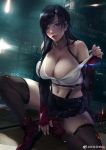  1girl bare_shoulders belt black_hair black_skirt boots breasts brown_eyes cleavage collarbone elbow_gloves elbow_pads factory final_fantasy final_fantasy_vii final_fantasy_vii_remake fingerless_gloves gloves hair_over_one_eye large_breasts lens_flare licking_lips long_hair looking_at_viewer navel no_bra open_mouth pencil_skirt pipes red_footwear red_gloves sitting skindentation skirt sleeveless solo strap_pull suspender_skirt suspenders tan tank_top tanline thighhighs tifa_lockhart tongue tongue_out weibo_logo white_tank_top xixi_(pixiv11480549) 