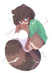  1girl absurdres animal_ears ass black_hair blue_eyes covered_mouth furry glasses green_sweater highres kneehighs knees_to_chest knees_up leg_hug legs no_pants original panties raccoon_ears raccoon_tail red_panties short_hair side-tie_panties simple_background solo sweater tail thighs underwear white_background white_legwear yuuki_(yuyuki000) 