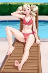  1girl absurdres barefoot bikini blonde_hair blue_eyes blurry blurry_background blush breasts cameltoe chair cleavage closed_mouth feet hair_ornament hairclip highres kairunoburogu looking_at_viewer lounge_chair navel persona persona_5 red_bikini smile soles solo swimsuit takamaki_anne twintails water 