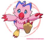  avian beak biyomon blue_eyes blue_markings claws digimon digimon_(species) eyelashes feather_tuft feathers female jintetsu markings open_mouth pink_body pink_feathers red_beak red_claws semi-anthro signature solo tail_feathers toe_claws toes tuft walking 