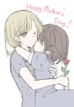  1_x_1/2 2girls 66ta1yak1 blonde_hair blush brown_hair commentary_request dress english_text eyebrows_visible_through_hair flower green_eyes highres holding holding_flower hug kiss long_hair morii_asuka morii_ayako mother&#039;s_day mother_and_daughter multiple_girls one_eye_closed simple_background smile white_background 