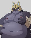  anthro armor belly belly_grab black_body black_fur blush claws embarrassed epic7 felid fur hand_on_stomach headgear helmet hi_res male mammal moob_grab moobs mostly_nude navel nipples obese obese_male overweight overweight_male pantherine pomupomu490 purrgis self_grab solo wraps wrist_wraps 
