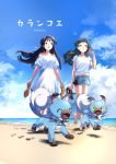  2girls alternate_color bangs bare_shoulders barefoot beach black_hair blue_eyes blue_sky cloud commentary_request cover cover_page day denim denim_shorts dress floating_hair footprints gen_7_pokemon hair_ribbon highres holding holding_shoes horizon idolmaster idolmaster_million_live! kitazawa_shiho long_hair mogami_shizuka multiple_girls ocean off-shoulder_dress off_shoulder outdoors pokemon pokemon_(creature) ribbon rockruff shiny_pokemon shirt shoes shoes_removed short_shorts short_sleeves shorts sky smile white_dress white_ribbon white_shirt yellow_eyes yomosaka 