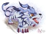  2019 alpha_channel ambiguous_gender black_nose blue_body blue_fur blue_markings claws curled_tail digimon digimon_(species) feral fur garurumon heyankey markings open_mouth orange_eyes sharp_teeth simple_background solo teeth tongue transparent_background 