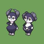  closed_mouth commentary_request creature frown full_body gen_8_pokemon green_background grey_eyes indeedee indeedee_(female) indeedee_(male) jon_(zyagapi) lowres no_humans pixel_art pokemon pokemon_(creature) simple_background smile standing 