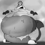  after_transformation anthro belly big_belly clothed clothing eyestalks gastropod greyscale hazmat_suit hi_res implied_transformation male mollusk monochrome obese obese_male overweight overweight_male slime slug solo standing thick_tail torn_clothing vetoknox weight_gain wide_hips 