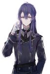  bangs black_jacket black_neckwear closed_mouth collared_shirt copyright_request gloves grey_eyes grey_shirt hair_between_eyes hand_up jacket long_hair long_sleeves meito_(maze) purple_hair shirt sidelocks simple_background upper_body v-shaped_eyebrows white_background white_gloves 