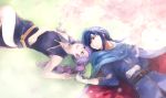  1boy 1girl belt black_dress blue_hair cape cherry_blossoms couple dress fire_emblem fire_emblem:_genealogy_of_the_holy_war hair_ribbon hand_on_own_stomach headband hetero kaito_(sawayakasawaday) long_hair open_mouth purple_hair ribbon seliph_(fire_emblem) side_slit tine_(fire_emblem) 