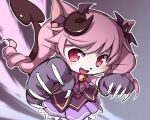  1girl :3 :d ageha_(cat_busters) animal_ears bell blush bow cat cat_busters cat_ears cat_girl claws commentary_request cowboy_shot demon_horns demon_tail fang flush furry grey_background horns looking_to_the_side nekoguruma open_mouth pink_bow pink_fur pink_hair simple_background slit_pupils smile solo tail whiskers 