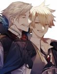 2boys albino_(a1b1n0623) arm_up bangs blonde_hair collarbone collared_shirt eyebrows_visible_through_hair facial_hair fate/grand_order fate/prototype fate/prototype:_fragments_of_blue_and_silver fate_(series) formal gloves gradient_hair grey_hair greyscale hair_between_eyes high_collar highres jacket_on_shoulders james_moriarty_(fate/grand_order) jekyll_and_hyde_(fate) long_sleeves looking_at_another loose_necktie male_focus monochrome multicolored_hair multiple_boys mustache necktie no_eyewear open_clothes pointy_nose red_eyes shirt smile smirk suit untied vest white_background white_shirt 