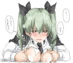  1girl anchovy_(girls_und_panzer) black_neckwear black_ribbon blush breasts cum cum_on_body cum_on_breasts cum_on_hair cum_on_upper_body drill_hair elf_(stroll_in_the_woods) facial girls_und_panzer green_hair hair_between_eyes hair_ribbon implied_paizuri large_breasts long_hair long_sleeves necktie open_mouth red_eyes ribbon shirt simple_background solo speech_bubble translation_request twin_drills twintails white_background white_shirt 