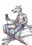  2019 abs anthro athletic beastars bed bodily_fluids canid canine canis claws fur furniture genital_fluids genitals grey_body grey_fur hi_res holding_penis humanoid_genitalia humanoid_penis legoshi_(beastars) male mammal masturbation neverwolf nude on_bed penile penile_masturbation penis precum retracted_foreskin sitting sitting_on_bed solo uncut wolf 