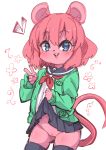  animal_ears ass_visible_through_thighs black_legwear blue_eyes blue_skirt cardigan furry green_cardigan groin heart highres mouse_ears mouse_girl_(yuuki_(yuyuki000)) mouse_tail no_panties open_mouth original pink_hair pussy school_uniform serafuku shirt short_hair simple_background skirt smile tail thighhighs thighs v white_background white_shirt yuuki_(yuyuki000) 