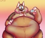  2020 anthro belly big_belly bodily_fluids brown_body brown_fur canid canine canis chubby_cheeks claws coyote curritoss dewlap_(anatomy) double_chin doughnut eating food fur hand_on_stomach hi_res holding_food holding_object male mammal moobs navel nipples nude obese obese_male overweight overweight_male saliva sitting smile solo 
