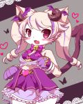  1girl :3 ageha_(cat_busters) animal_ears bangs blush bug butterfly cat cat_busters cat_ears cat_girl claws commentary_request cowboy_shot demon_horns demon_tail fang furry heart horns insect long_hair looking_at_viewer open_mouth purple_eyes rao_(artist) simple_background slit_pupils solo tail twintails whiskers 