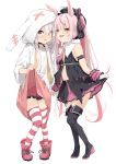  2girls :p ahoge animal_ears black_footwear black_legwear black_shirt boots bunny_ears choker collar dress dress_lift dual_persona face-to-face fake_animal_ears full_body hat highres hood lifted_by_self long_hair low_twintails multiple_girls necktie open_mouth pink_eyes pink_hair red_footwear red_neckwear red_shorts red_skirt ribbon shirt short_shorts shorts shorts_under_dress simple_background skirt skirt_lift sleeveless sleeveless_shirt smile striped striped_legwear thigh_boots thighhighs thighs tomari_mari tomari_mari_channel tongue tongue_out twintails uno_ryoku virtual_youtuber white_background white_collar white_dress zettai_ryouiki 