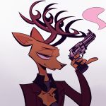  2019 anthro antlers beastars brown_body brown_fur cervid clothed clothing fur hi_res holding_gun holding_object holding_weapon horn louis_(beastars) male mammal poroshya simple_background solo weapon white_background 