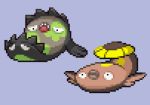  black_eyes commentary_request creature fish fish_focus full_body galarain_stunfisk gen_5_pokemon jon_(zyagapi) no_humans open_mouth pixel_art pokemon pokemon_(creature) purple_background simple_background sprite stunfisk 