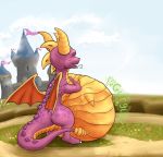  2018 activision after_vore amnesiaaisenma anthro belly big_belly dragon duo hi_res male male_pred outside purple_body same_size_vore simple_background spyro spyro_the_dragon text video_games vore wings 