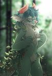  2020 anthro blurred_background day detailed_background digital_media_(artwork) fur girly gosetsuki green_body green_fur hi_res looking_at_viewer male mammal navel nude outside solo 