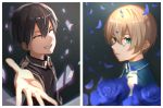 2boys aqua_eyes bangs black_hair black_shirt blonde_hair blue_shirt closed_eyes collared_shirt crying eugeo facing_viewer grin hair_between_eyes highres huge_filesize kirito male_focus multiple_boys oekaki_taro outstretched_arm outstretched_hand parted_lips reaching_out shiny shiny_hair shirt smile sword_art_online tears upper_body wing_collar 