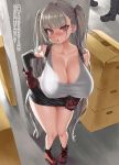 1girl :o absurdres asanagi azur_lane bangs bare_shoulders belt black_belt black_skirt blush breasts cleavage collarbone cosplay covered_nipples earrings eyebrows_visible_through_hair fantia_reward final_fantasy final_fantasy_vii formidable_(azur_lane) gloves grey_hair hand_on_hip highres huge_breasts jewelry leaning_forward long_hair looking_at_viewer nose_blush open_mouth paid_reward pulled_by_self red_eyes skirt skirt_pull solo standing suspender_skirt suspenders tank_top tifa_lockhart tifa_lockhart_(cosplay) translation_request twintails very_long_hair 