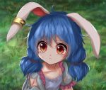 1girl animal_ears blue_dress blue_hair bunny_ears collarbone cuts dress ear_clip grass hair_between_eyes hair_ribbon injury kayon_(touzoku) looking_to_the_side low_twintails outdoors parted_lips puffy_short_sleeves puffy_sleeves red_eyes ribbon sailor_moon_redraw_challenge seiran_(touhou) short_hair short_sleeves solo tears torn_clothes touhou twintails upper_body 