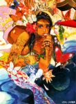  1996 1girl arm_support bangle black_hair bracelet bug butterfly circlet dated flower hair_flower hair_ornament highres insect jewelry kobayashi_tomomi long_hair looking_at_viewer lying multicolored_hair newtype on_stomach original planet signature space streaked_hair 