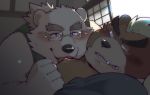  2020 anthro ashigara blush brown_body brown_fur clothing detailed_background duo eyewear fur garouzuki glasses hi_res humanoid_hands kemono leib_(tas) licking male male/male mammal moobs nipple_fetish nipple_lick nipple_play nipples overweight overweight_male polar_bear shirt tokyo_afterschool_summoners tongue tongue_out topwear ursid ursine video_games white_body white_fur 