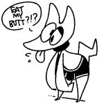  ambiguous_species anthro boxers_(clothing) clothed clothing low_res male monochrome partially_clothed simple_background solo speech_bubble squishy_(artist) text tongue tongue_out topless underwear 