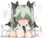  1girl anchovy_(girls_und_panzer) black_neckwear black_ribbon blush breasts commentary_request cum cum_on_body cum_on_breasts cum_on_hair cum_on_upper_body drill_hair elf_(stroll_in_the_woods) facial girls_und_panzer green_hair hair_between_eyes hair_ribbon implied_paizuri large_breasts long_hair long_sleeves necktie open_mouth red_eyes ribbon shirt simple_background solo speech_bubble translation_request twin_drills twintails white_background white_shirt 