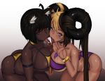  2girls absurdres ahoge aife_(zana) animal_ears ass bikini bisexual_(female) black_choker black_hair black_horns bracelet breast_press breasts cat_ears choker commentary condom condom_wrapper dark_penis dark_skin disembodied_penis earrings english_commentary ffm_threesome goat_horns group_sex gyaru hair_on_horn highres holding holding_condom jewelry kevbot large_breasts large_penis legs_together looking_at_viewer multiple_girls multiple_paizuri original paizuri penis piercing pov purple_bikini red_eyes saliva saliva_trail strap_gap strapless strapless_bikini sun_tattoo swimsuit symmetrical_docking tan thick_thighs thighs threesome tongue tongue_out tongue_piercing uncensored underboob veins veiny_penis very_dark_skin yellow_bikini yellow_choker 