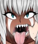  1girl blue_eyes commentary_request dark_skin drooling facial_mark finger_in_another&#039;s_mouth finger_in_mouth highres looking_at_viewer mouth_pull original pov pov_hands saliva sharp_teeth short_hair silver_hair slit_pupils solo_focus susuke_(yusuke) teeth tongue tongue_out uvula zinga_(susuke) 