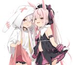  2girls :p ahoge animal_ears black_legwear black_shirt bunny_ears choker collar dress dress_lift dual_persona face-to-face fake_animal_ears hat hood lifted_by_self long_hair low_twintails multiple_girls necktie open_mouth pink_eyes pink_hair red_neckwear red_shorts red_skirt ribbon shirt short_shorts shorts shorts_under_dress skirt skirt_lift sleeveless sleeveless_shirt smile tomari_mari tomari_mari_channel tongue tongue_out twintails uno_ryoku virtual_youtuber white_collar white_dress 