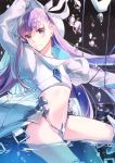  amzk_knr blue_eyes closed_mouth cowboy_shot crop_top fate/extra fate/extra_ccc fate/grand_order fate_(series) floating_hair hair_ribbon highres long_hair long_sleeves looking_at_viewer meltryllis midriff navel purple_hair ribbon shiny shiny_hair stomach very_long_hair wading water white_ribbon 