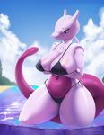  2020 anthro areola areola_slip big_breasts bikini breast_rest breasts cleavage clothed clothing cloud crossed_arms female hi_res legendary_pok&eacute;mon mewtwo nintendo partially_submerged pok&eacute;mon pok&eacute;mon_(species) sky solo swimwear thousandfoldfeathers video_games water wide_hips 